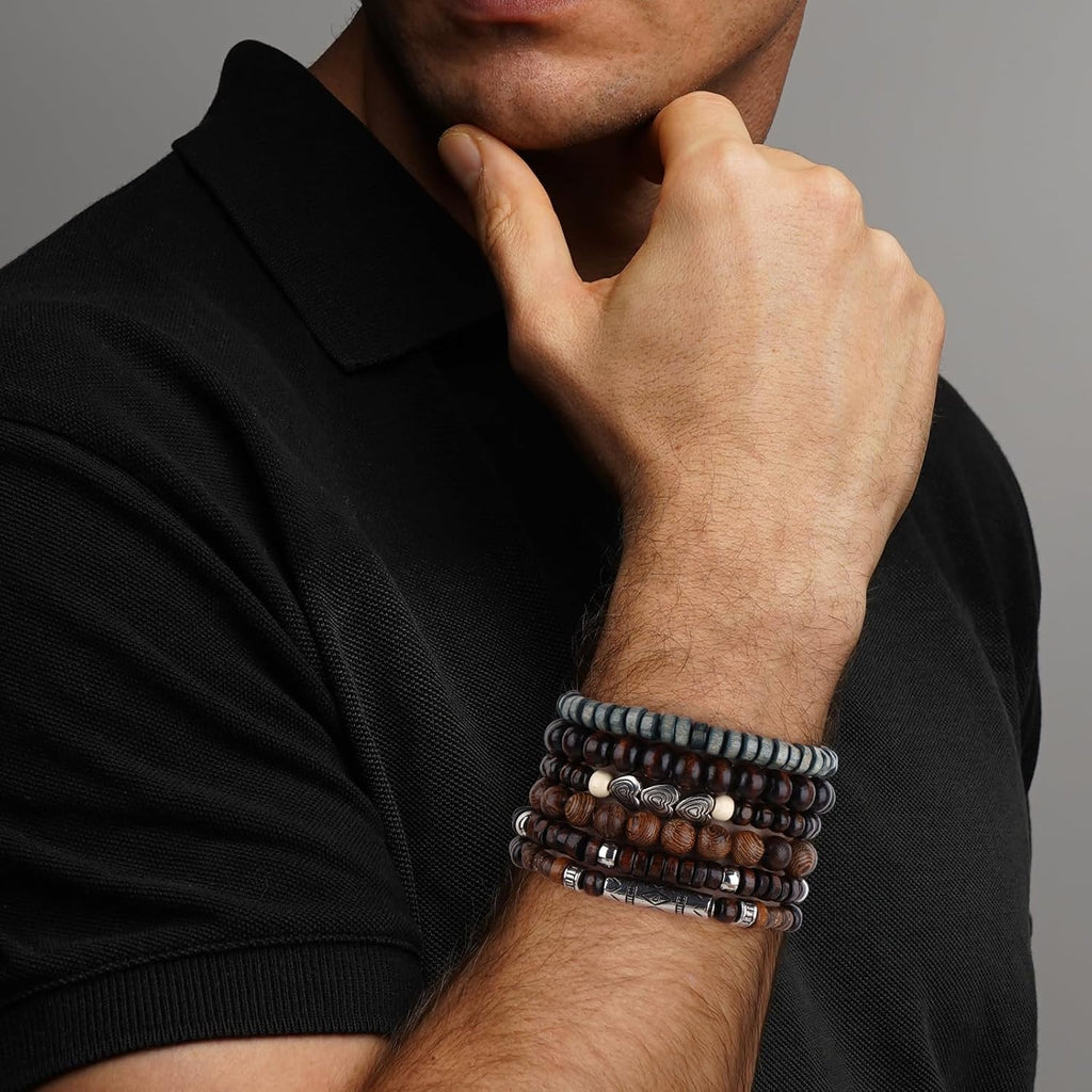 41/44 PCS Wooden Beaded Bracelets for Men, Larger Size Adjustable Punk Braided Wooden Bracelet, Bulk Wood Bangles Wristbands