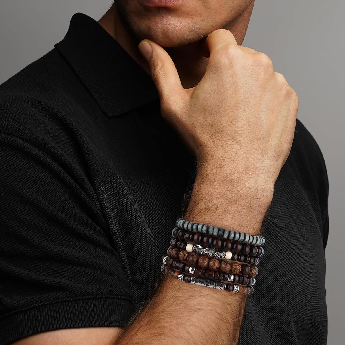 41/44 PCS Wooden Beaded Bracelets for Men, Larger Size Adjustable Punk Braided Wooden Bracelet, Bulk Wood Bangles Wristbands
