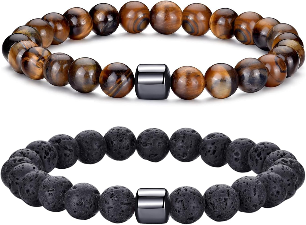 Tiger Eye Bracelet For Men 8MM Natural Stone Stretch Adjustable Black Crystal Beaded Bracelet for Men Women Gifts