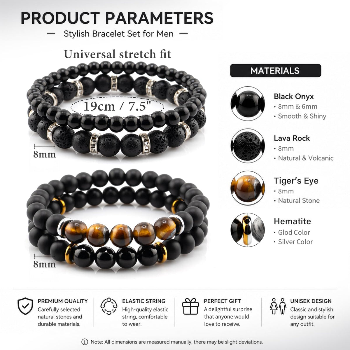 Men's Natural Stone Beaded Bracelet Set, 4 Pcs Stretch Stacking Bracelets with Lava Rock, Onyx, Tiger Eye, Howlite Beads