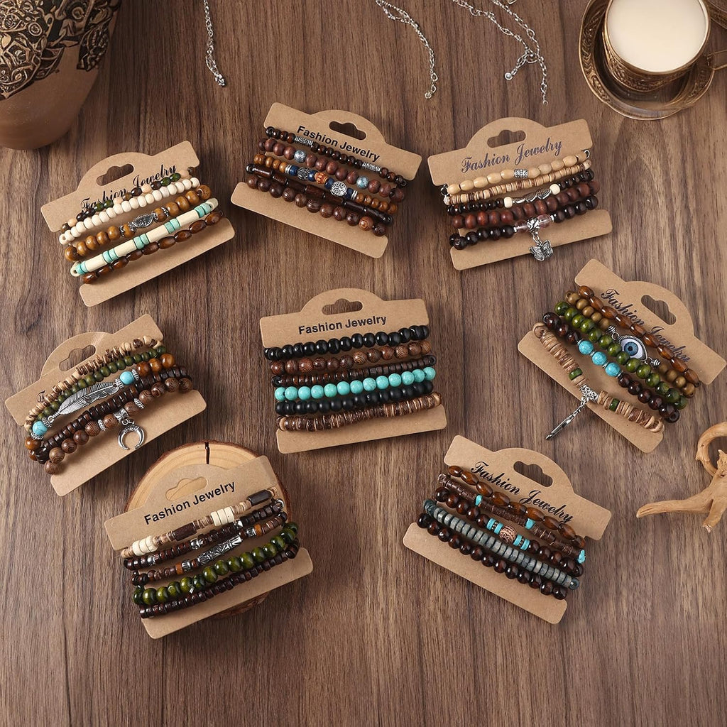 41/44 PCS Wooden Beaded Bracelets for Men, Larger Size Adjustable Punk Braided Wooden Bracelet, Bulk Wood Bangles Wristbands
