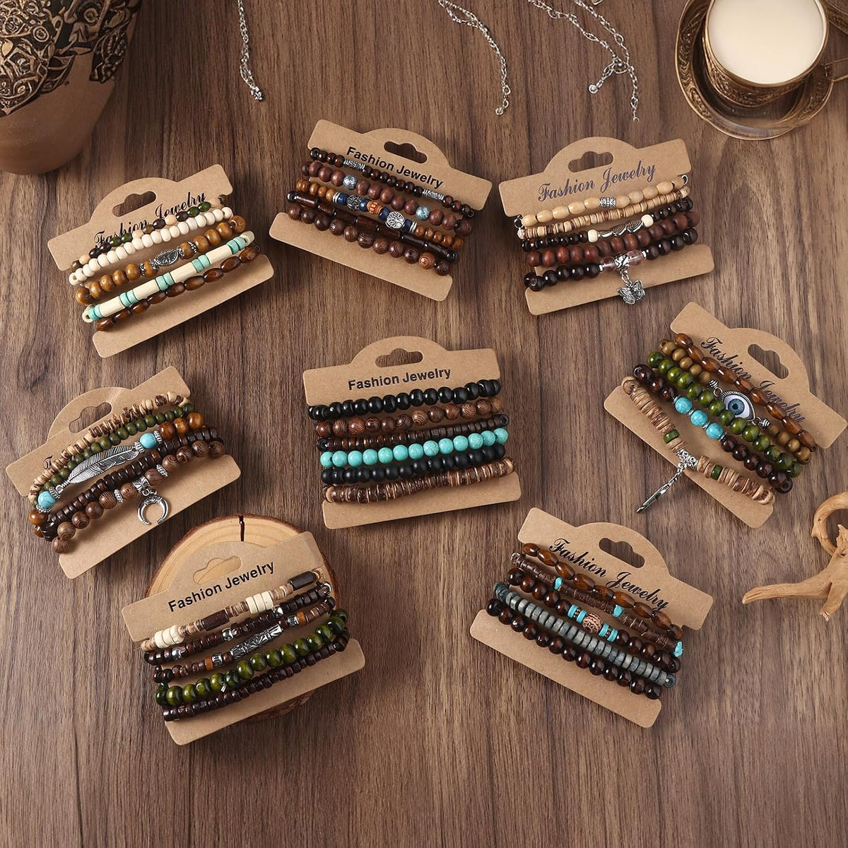41/44 PCS Wooden Beaded Bracelets for Men, Larger Size Adjustable Punk Braided Wooden Bracelet, Bulk Wood Bangles Wristbands