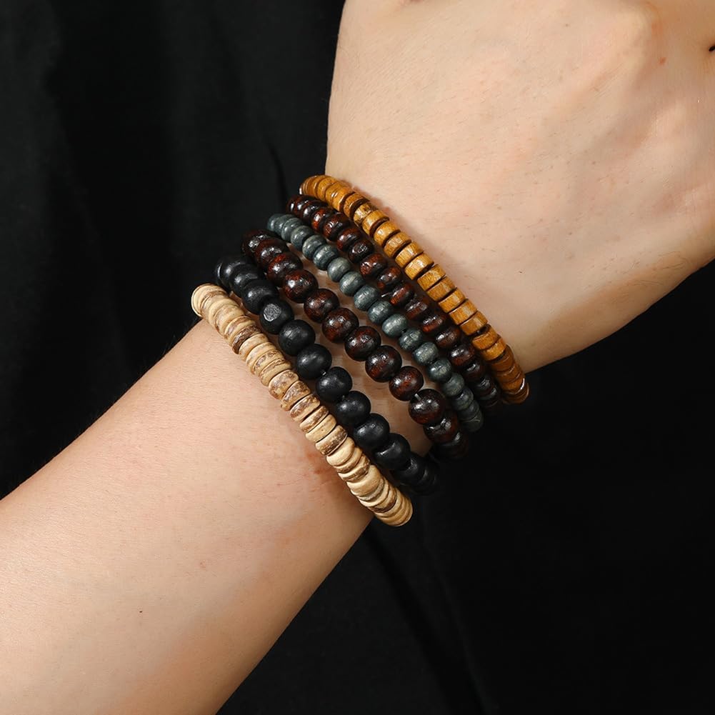 Puka Shell Bracelet for Men Wooden Bracelets Turquoise Stack Beaded Minimalist Trendy Jewelry for Friend Gift