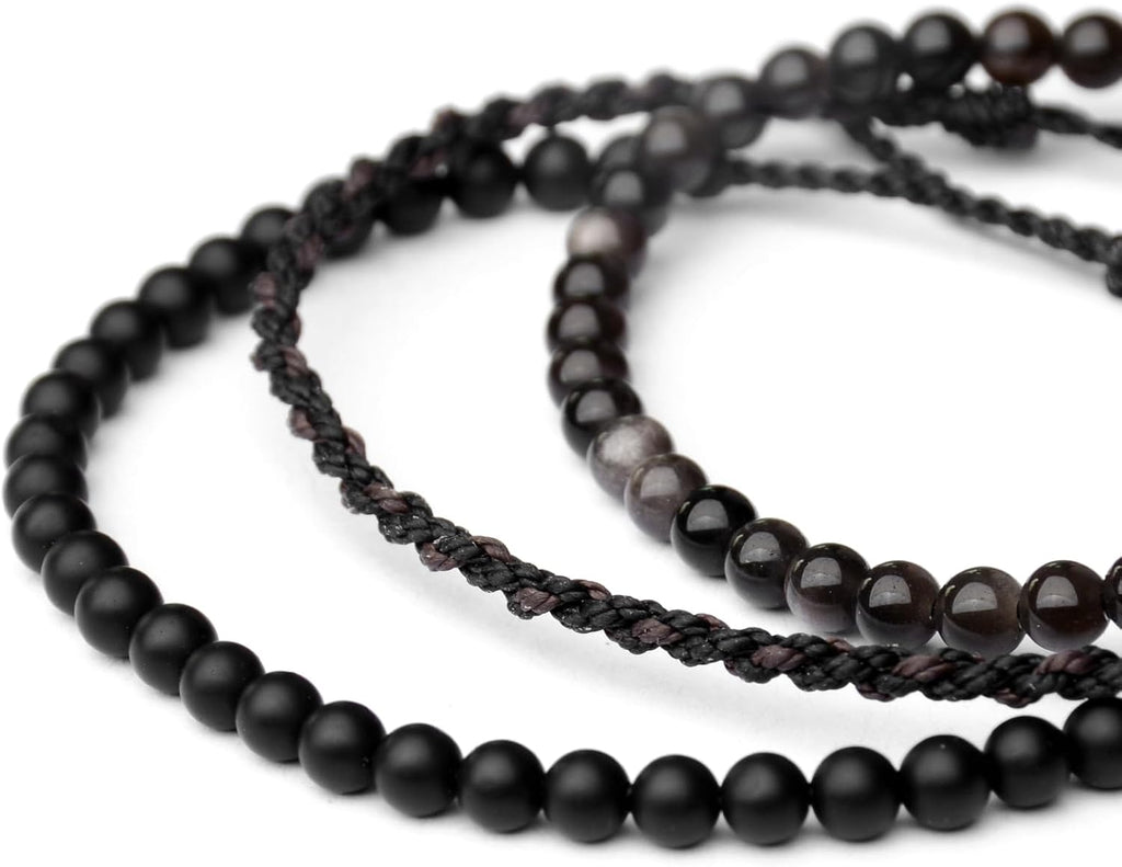 3 Pcs Handmade Natural Gemstone Beaded Bracelet, Adjustable Waterproof Rope Bracelet Set