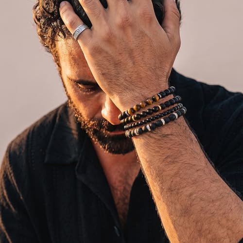 Men's Natural Stone Beaded Bracelet Set, 4 Pcs Stretch Stacking Bracelets with Lava Rock, Onyx, Tiger Eye, Howlite Beads