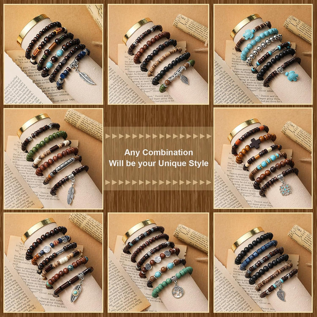 48 Pcs Punk Wooden Beads Bracelets, Gothic Bracelet for Men