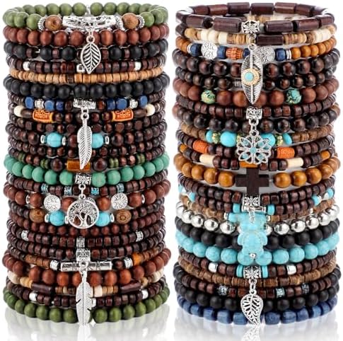 48 Pcs Punk Wooden Beads Bracelets, Gothic Bracelet for Men