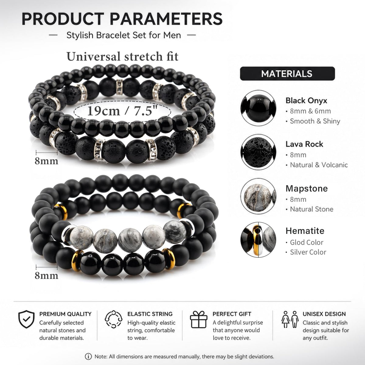 Men's Natural Stone Beaded Bracelet Set, 4 Pcs Stretch Stacking Bracelets with Lava Rock, Onyx, Tiger Eye, Howlite Beads
