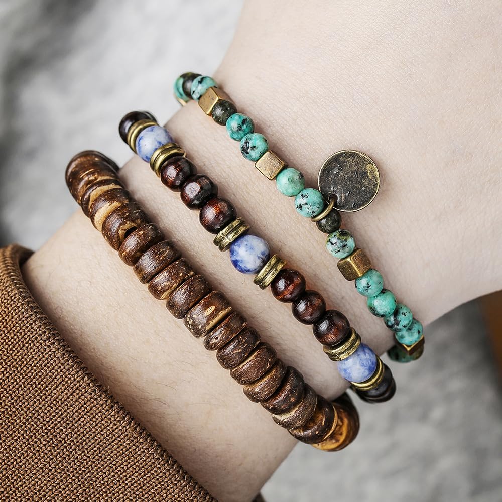 Puka Shell Bracelet for Men Wooden Bracelets Turquoise Stack Beaded Minimalist Trendy Jewelry for Friend Gift