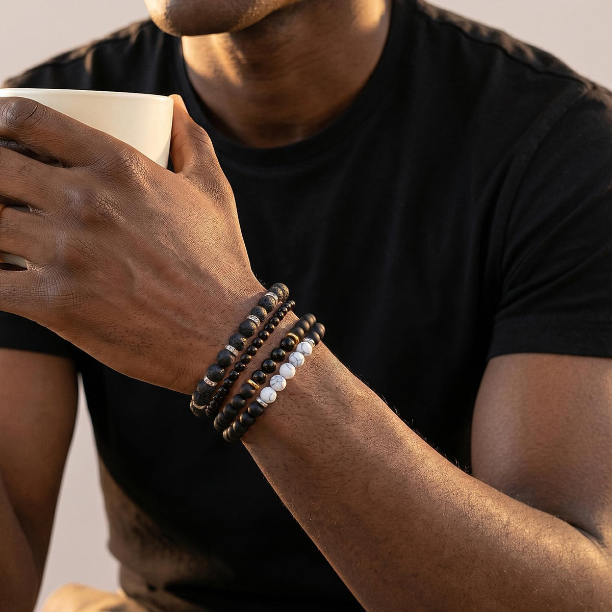 Men's Natural Stone Beaded Bracelet Set, 4 Pcs Stretch Stacking Bracelets with Lava Rock, Onyx, Tiger Eye, Howlite Beads