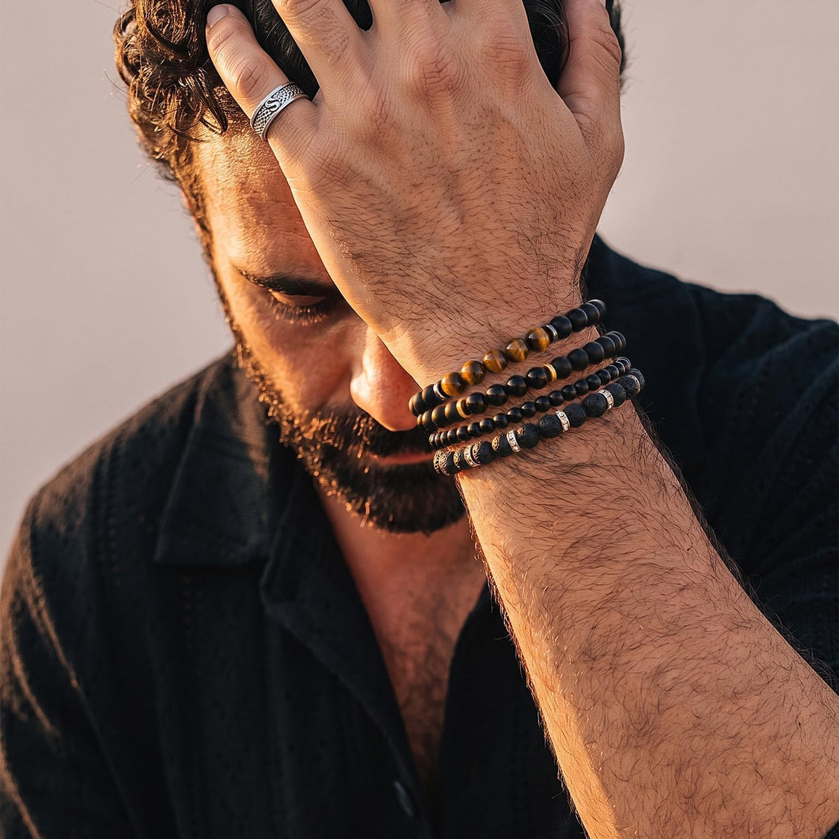 Men's Natural Stone Beaded Bracelet Set, 4 Pcs Stretch Stacking Bracelets with Lava Rock, Onyx, Tiger Eye, Howlite Beads