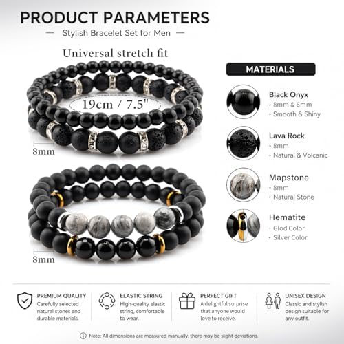 Men's Natural Stone Beaded Bracelet Set, 4 Pcs Stretch Stacking Bracelets with Lava Rock, Onyx, Tiger Eye, Howlite Beads