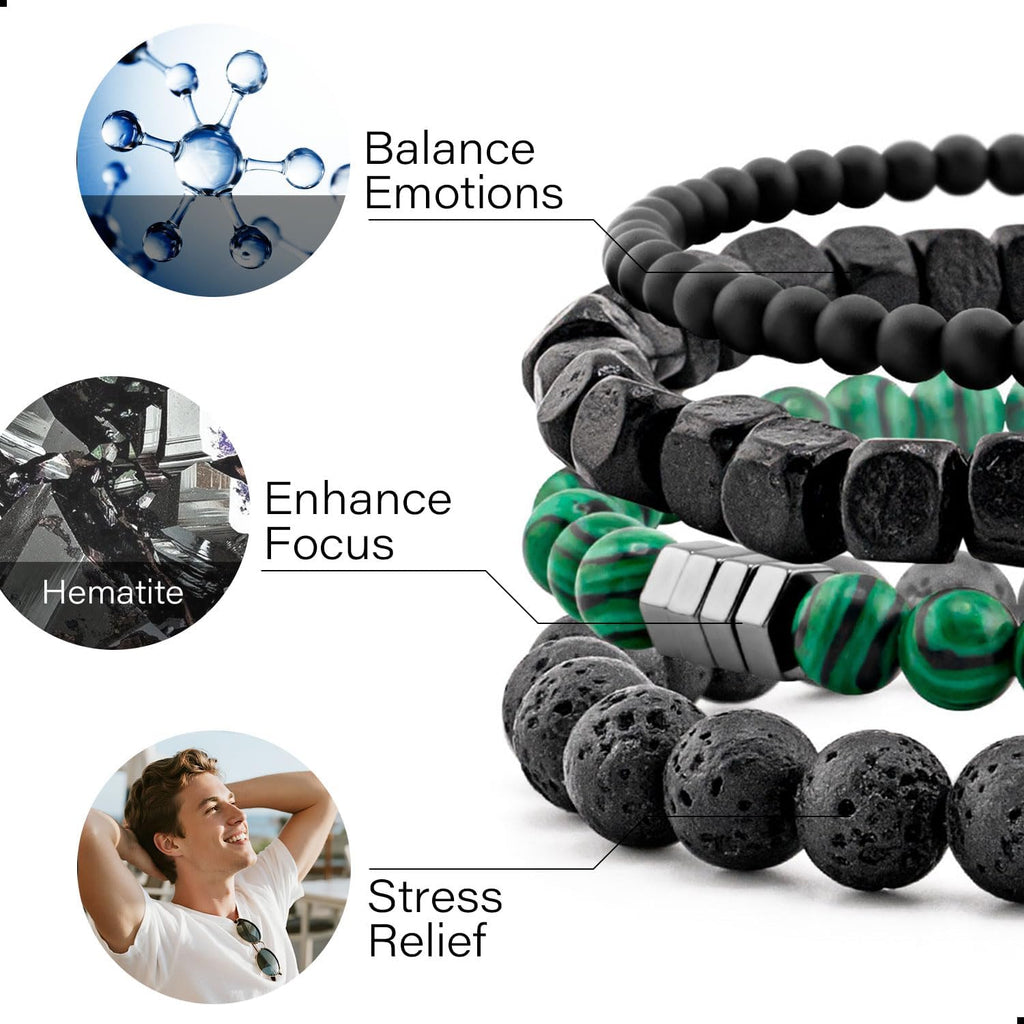 Men’s Hematite Bracelet Set Boho Multi - Tiger Eye/Matte Agate/Lava Rock Gifts for Birthday/Anniversary/Christmas