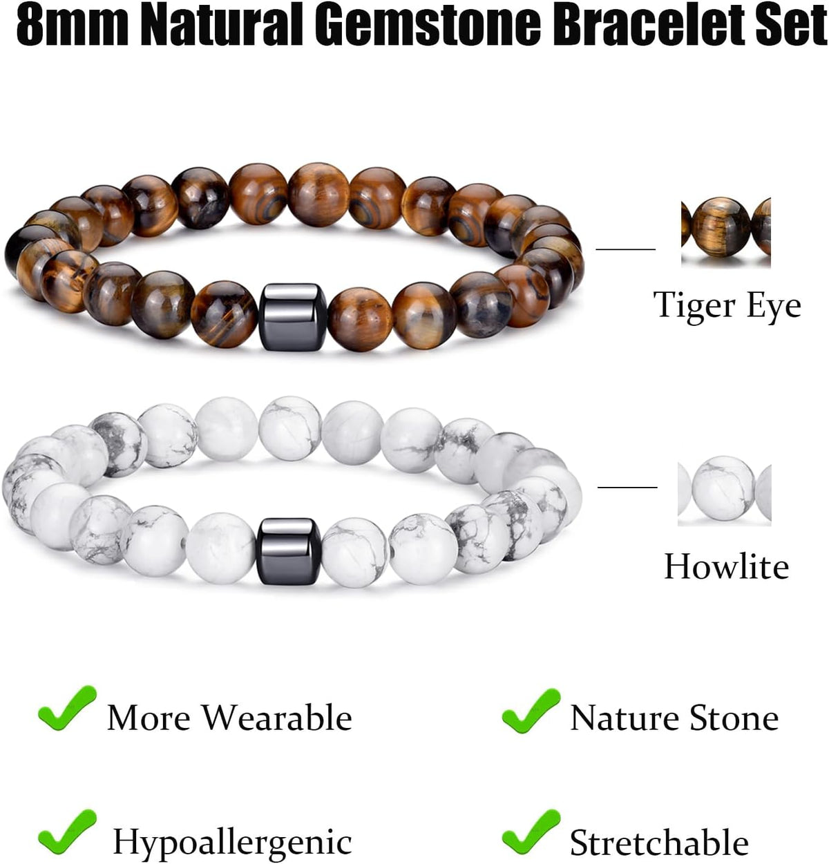 Tiger Eye Bracelet For Men 8MM Natural Stone Stretch Adjustable Black Crystal Beaded Bracelet for Men Women Gifts