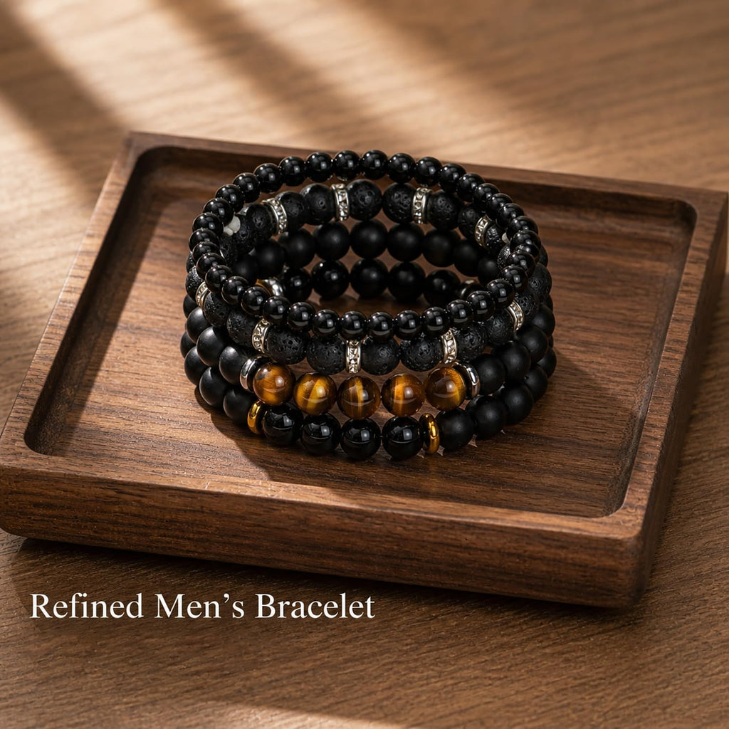 Men's Natural Stone Beaded Bracelet Set, 4 Pcs Stretch Stacking Bracelets with Lava Rock, Onyx, Tiger Eye, Howlite Beads
