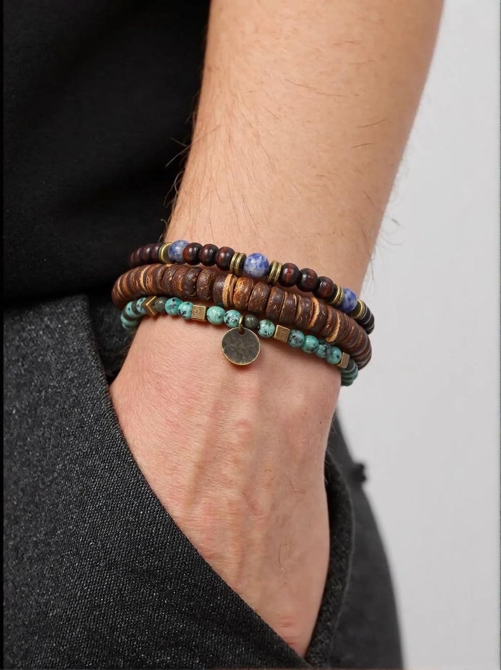 Puka Shell Bracelet for Men Wooden Bracelets Turquoise Stack Beaded Minimalist Trendy Jewelry for Friend Gift