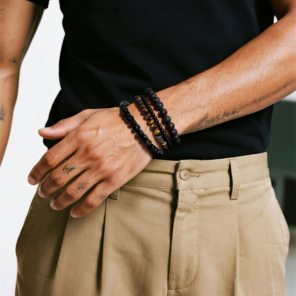 Men’s Hematite Bracelet Set Boho Multi - Tiger Eye/Matte Agate/Lava Rock Gifts for Birthday/Anniversary/Christmas