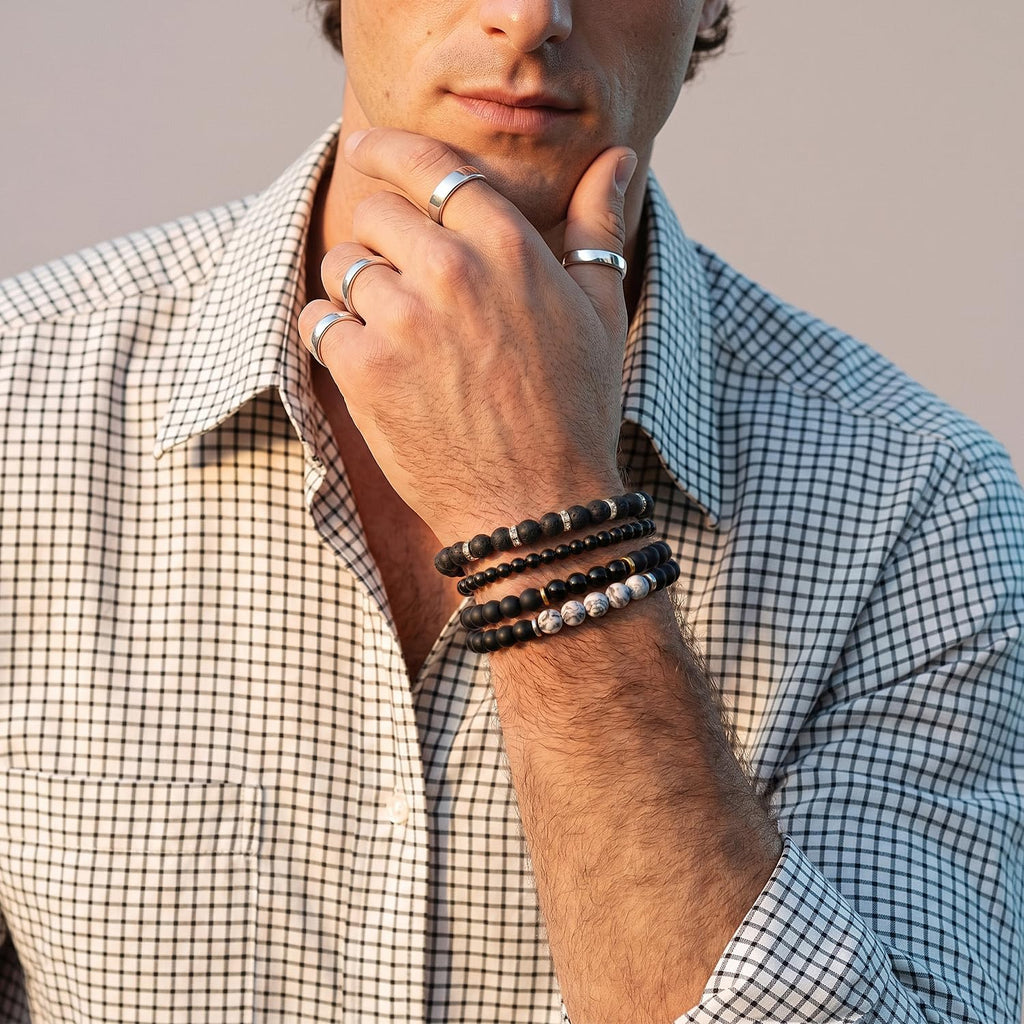 Men's Natural Stone Beaded Bracelet Set, 4 Pcs Stretch Stacking Bracelets with Lava Rock, Onyx, Tiger Eye, Howlite Beads