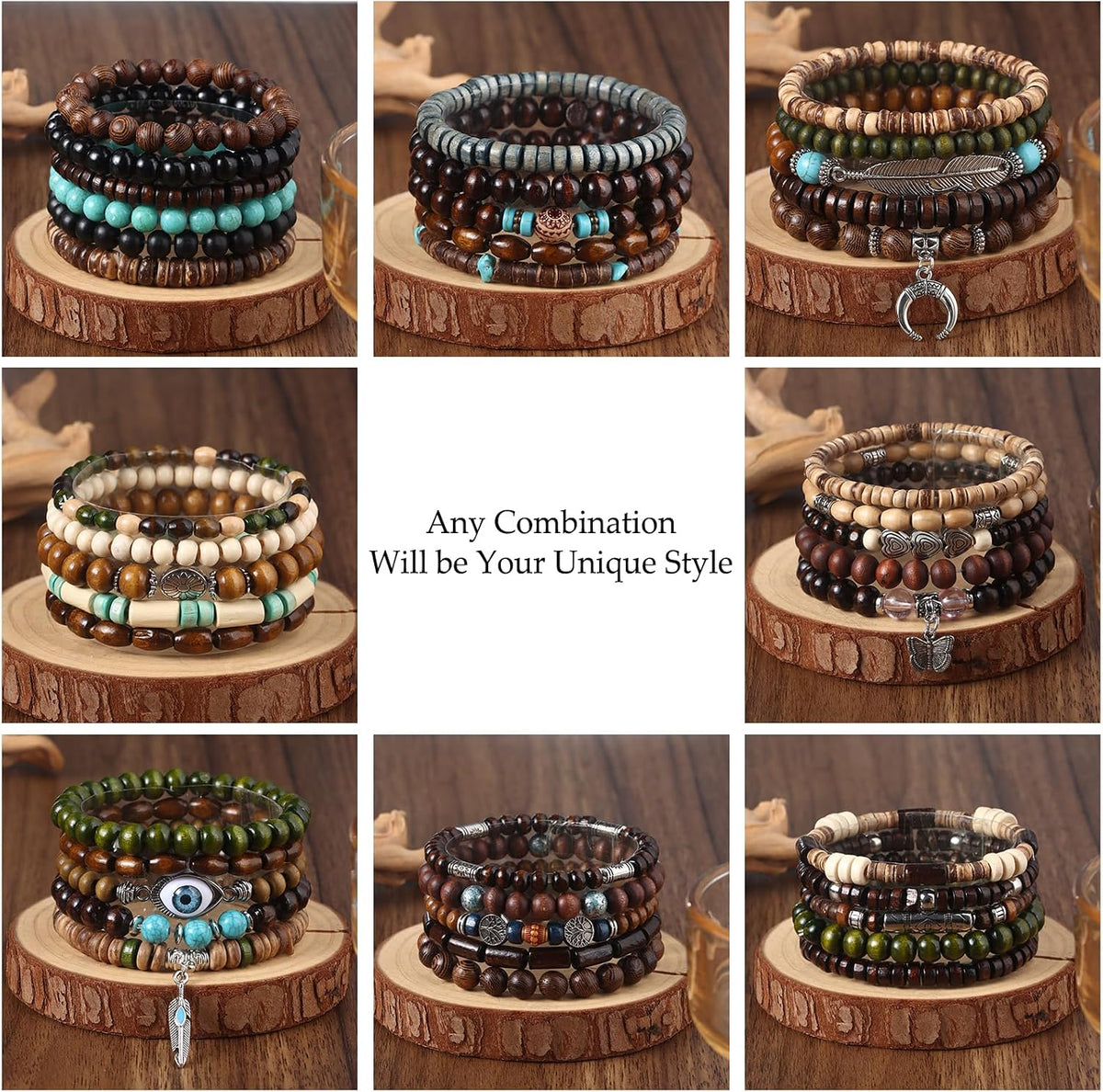 41/44 PCS Wooden Beaded Bracelets for Men, Larger Size Adjustable Punk Braided Wooden Bracelet, Bulk Wood Bangles Wristbands