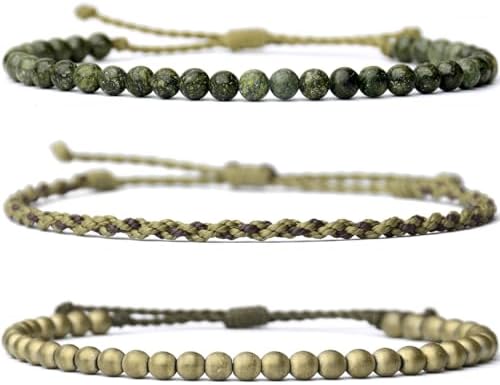 3 Pcs Handmade Natural Gemstone Beaded Bracelet, Adjustable Waterproof Rope Bracelet Set