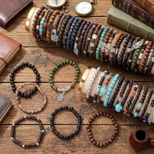 48 Pcs Punk Wooden Beads Bracelets, Gothic Bracelet for Men