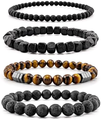 Men’s Hematite Bracelet Set Boho Multi - Tiger Eye/Matte Agate/Lava Rock Gifts for Birthday/Anniversary/Christmas