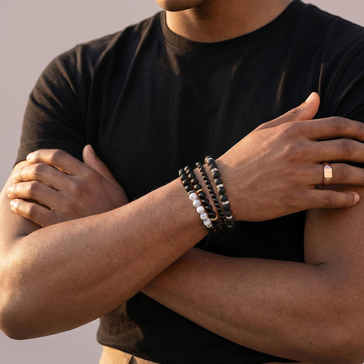 Men's Natural Stone Beaded Bracelet Set, 4 Pcs Stretch Stacking Bracelets with Lava Rock, Onyx, Tiger Eye, Howlite Beads