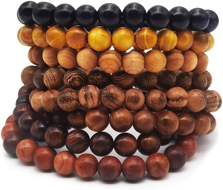 8 Pieces Natural Wood Elastic Beaded Bracelet for Men and Women