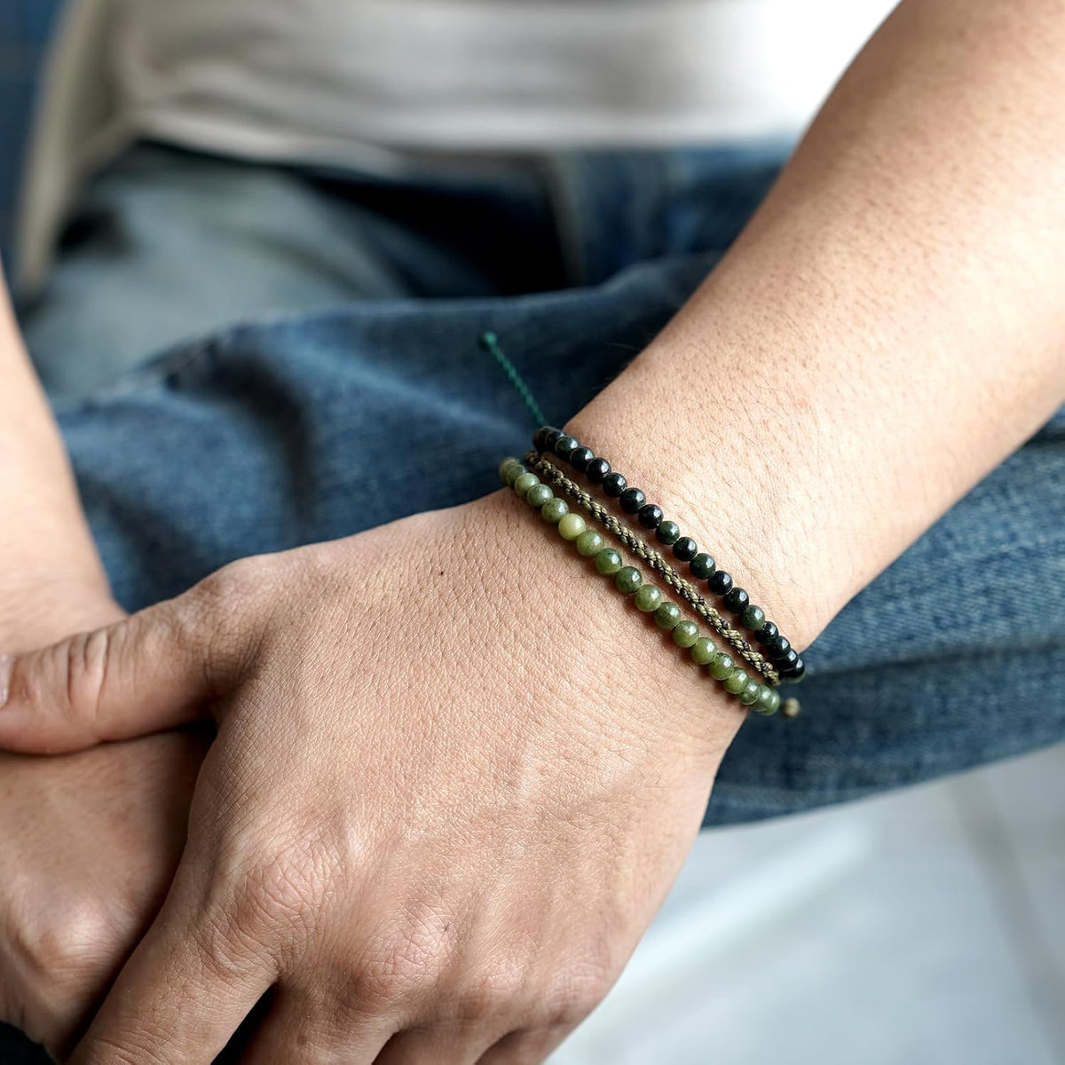 3 Pcs Handmade Natural Gemstone Beaded Bracelet, Adjustable Waterproof Rope Bracelet Set