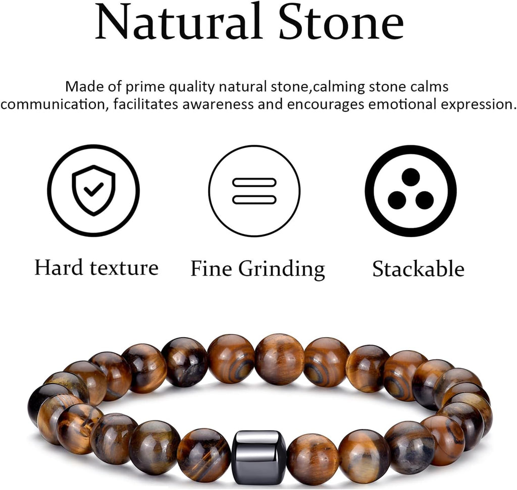 Tiger Eye Bracelet For Men 8MM Natural Stone Stretch Adjustable Black Crystal Beaded Bracelet for Men Women Gifts