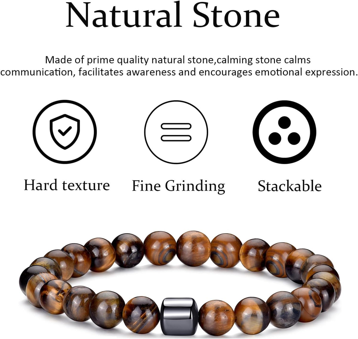 Tiger Eye Bracelet For Men 8MM Natural Stone Stretch Adjustable Black Crystal Beaded Bracelet for Men Women Gifts