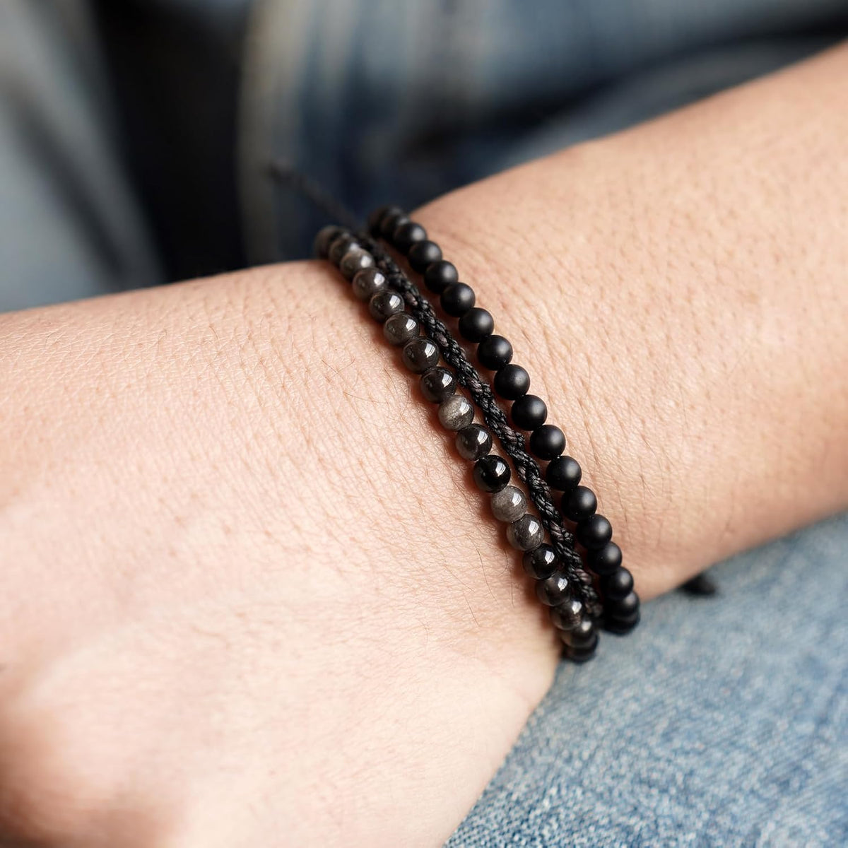 3 Pcs Handmade Natural Gemstone Beaded Bracelet, Adjustable Waterproof Rope Bracelet Set
