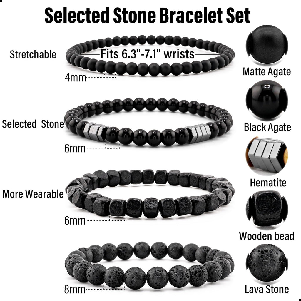 Men’s Hematite Bracelet Set Boho Multi - Tiger Eye/Matte Agate/Lava Rock Gifts for Birthday/Anniversary/Christmas