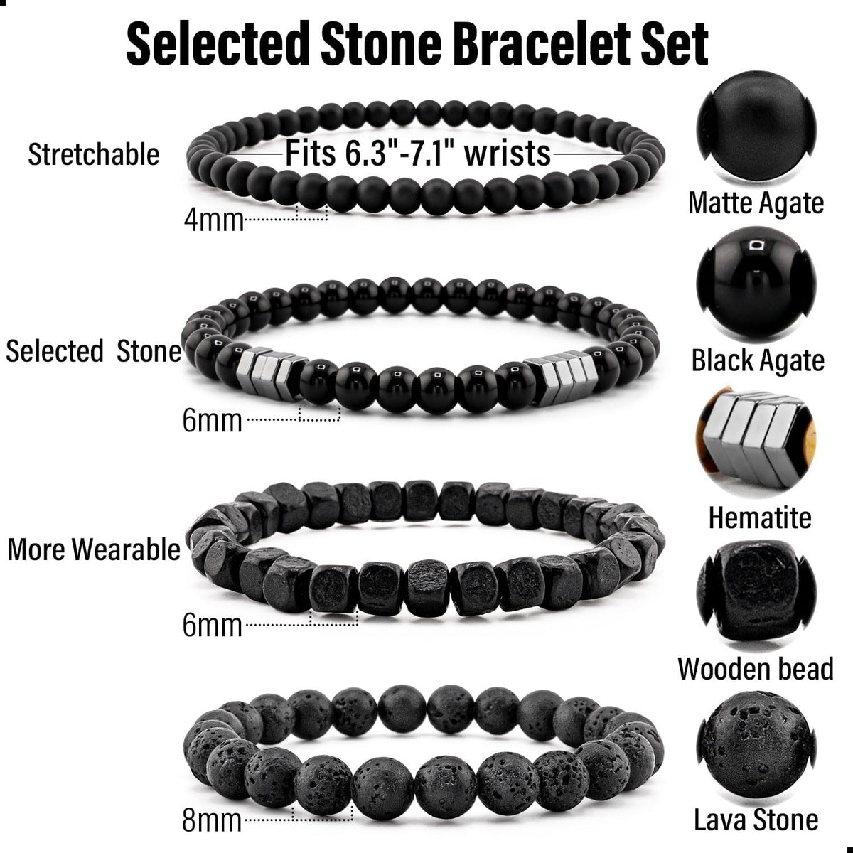 Men’s Hematite Bracelet Set Boho Multi - Tiger Eye/Matte Agate/Lava Rock Gifts for Birthday/Anniversary/Christmas