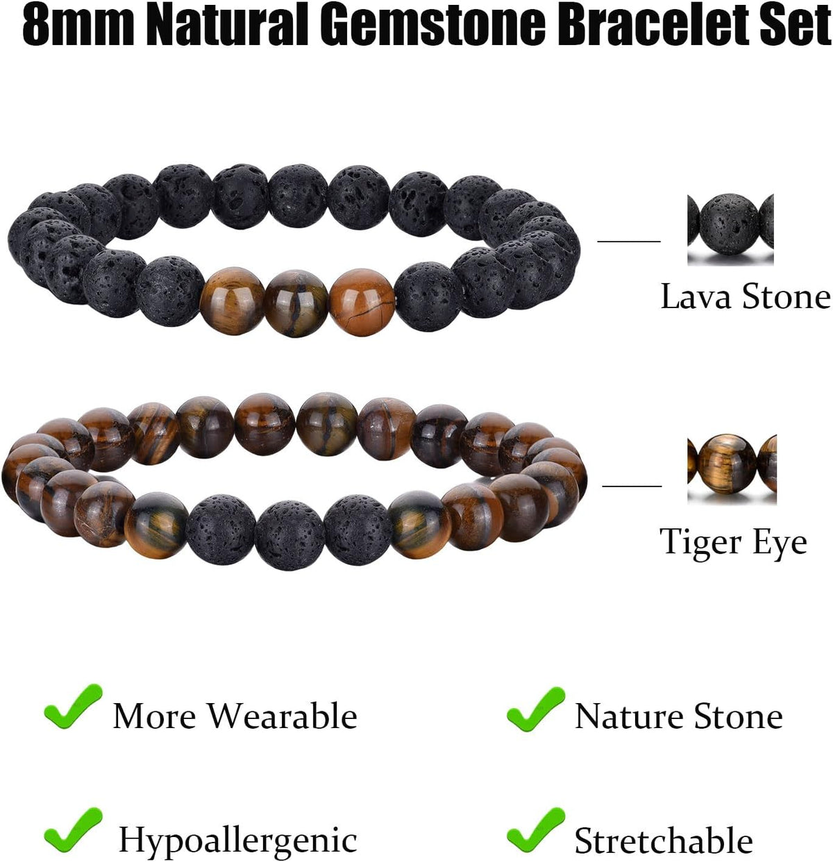 Tiger Eye Bracelet For Men 8MM Natural Stone Stretch Adjustable Black Crystal Beaded Bracelet for Men Women Gifts