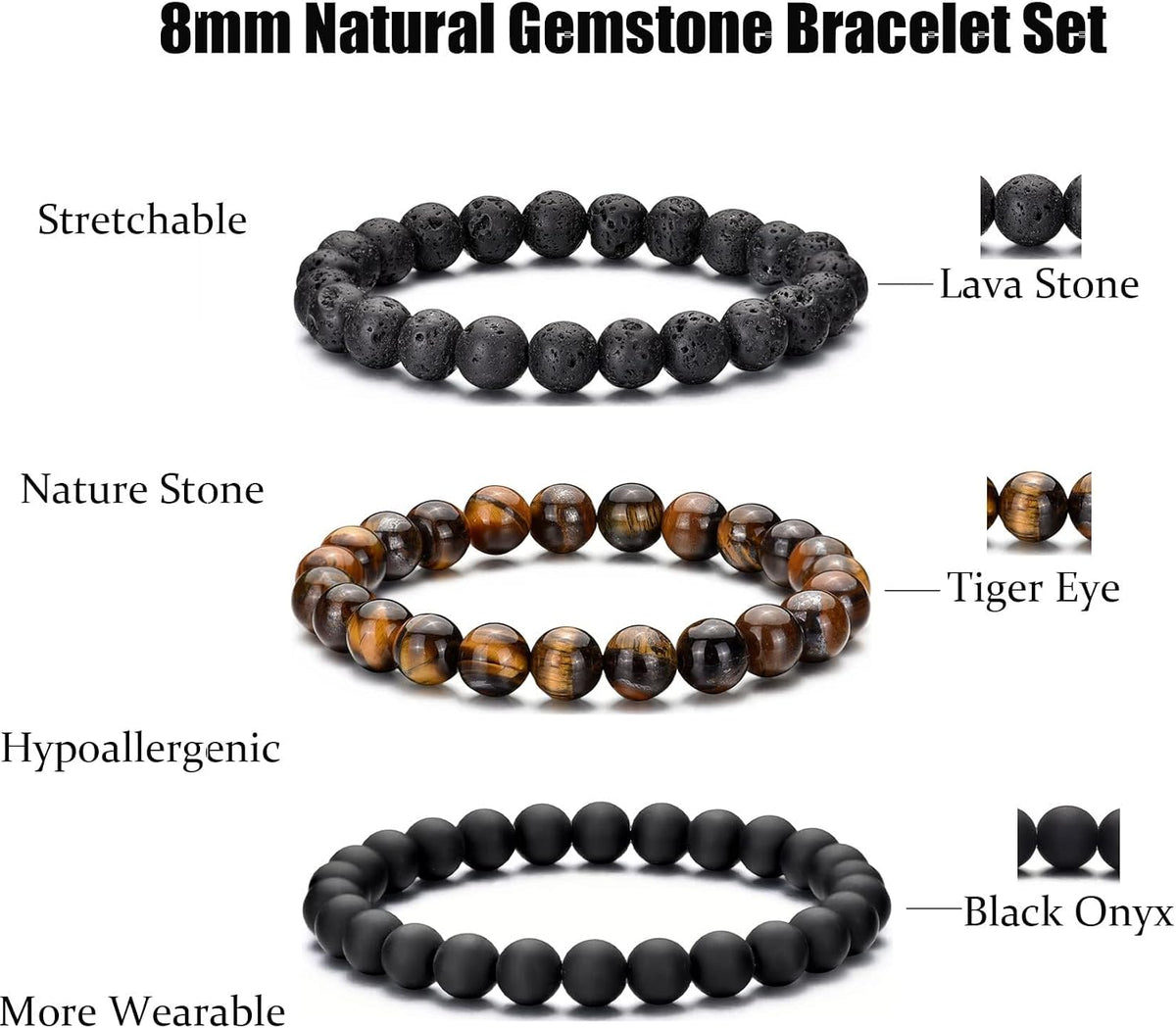 Tiger Eye Bracelet For Men 8MM Natural Stone Stretch Adjustable Black Crystal Beaded Bracelet for Men Women Gifts