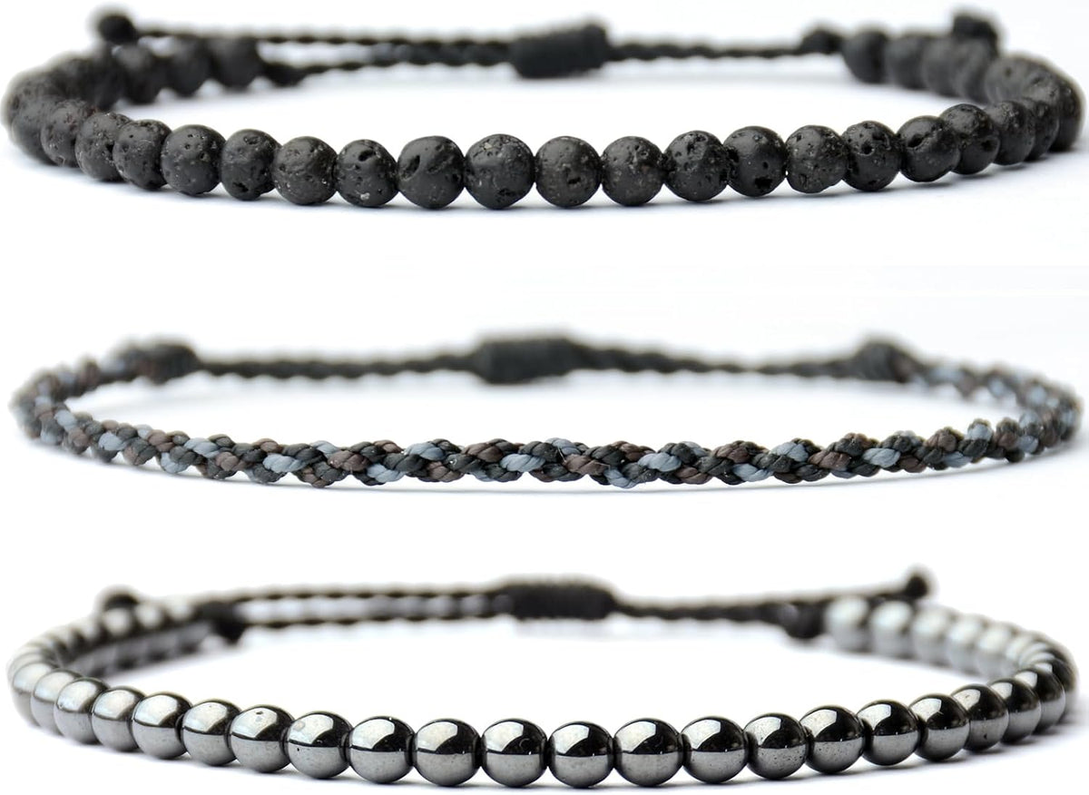 3 Pcs Handmade Natural Gemstone Beaded Bracelet, Adjustable Waterproof Rope Bracelet Set