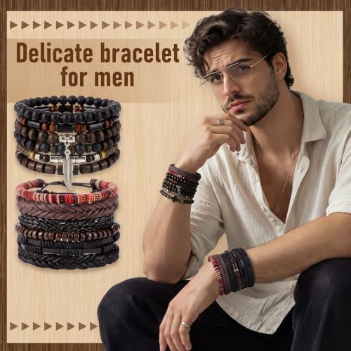 48 Pcs Punk Wooden Beads Bracelets, Gothic Bracelet for Men