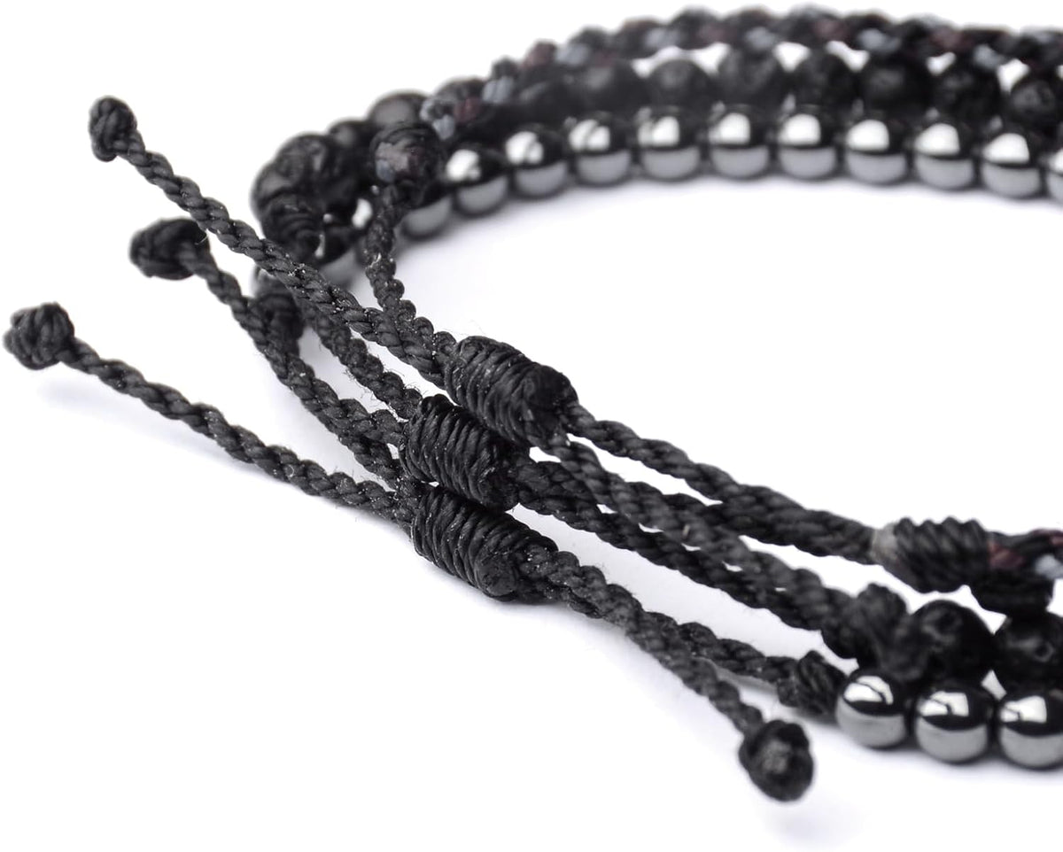 3 Pcs Handmade Natural Gemstone Beaded Bracelet, Adjustable Waterproof Rope Bracelet Set