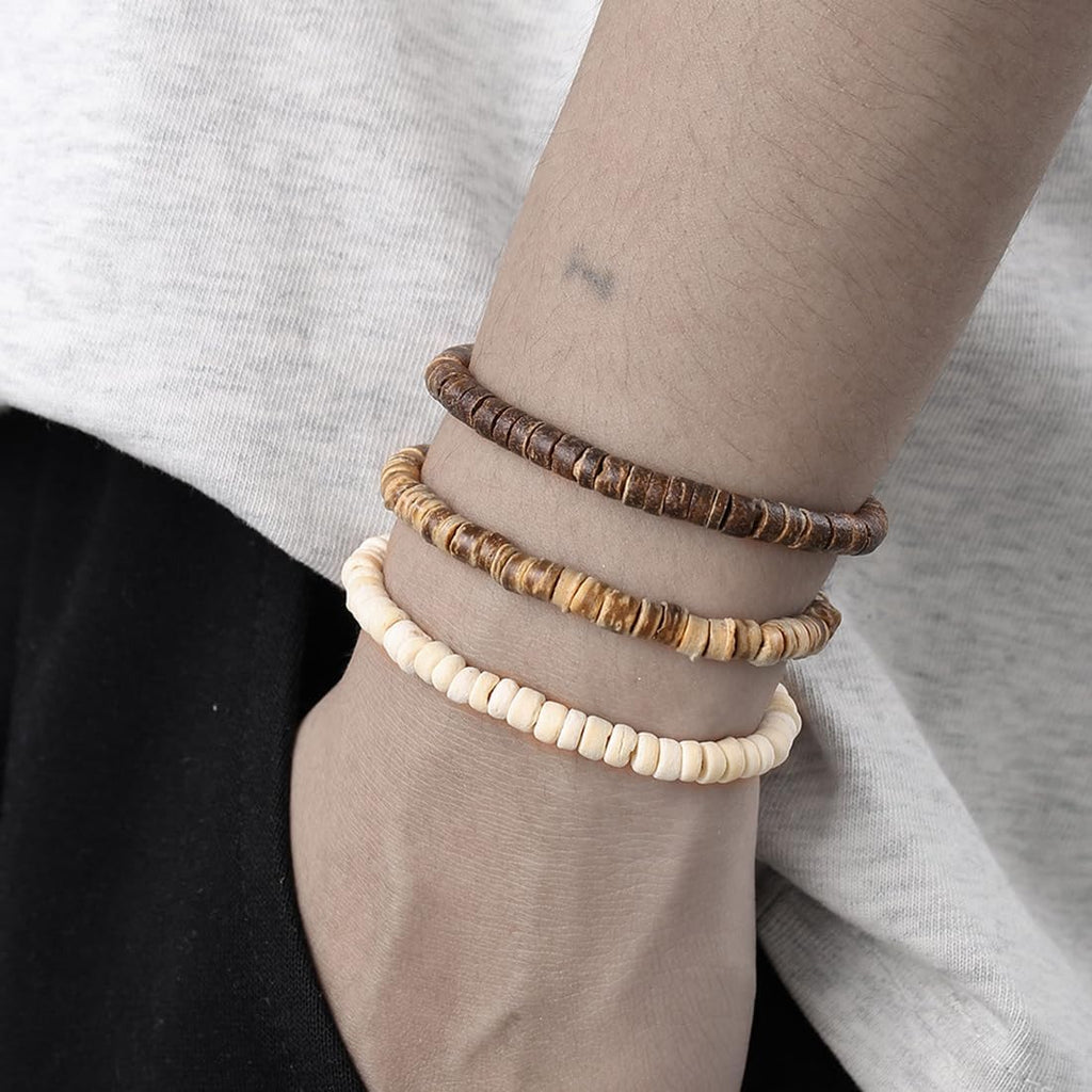 Puka Shell Bracelet for Men Wooden Bracelets Turquoise Stack Beaded Minimalist Trendy Jewelry for Friend Gift