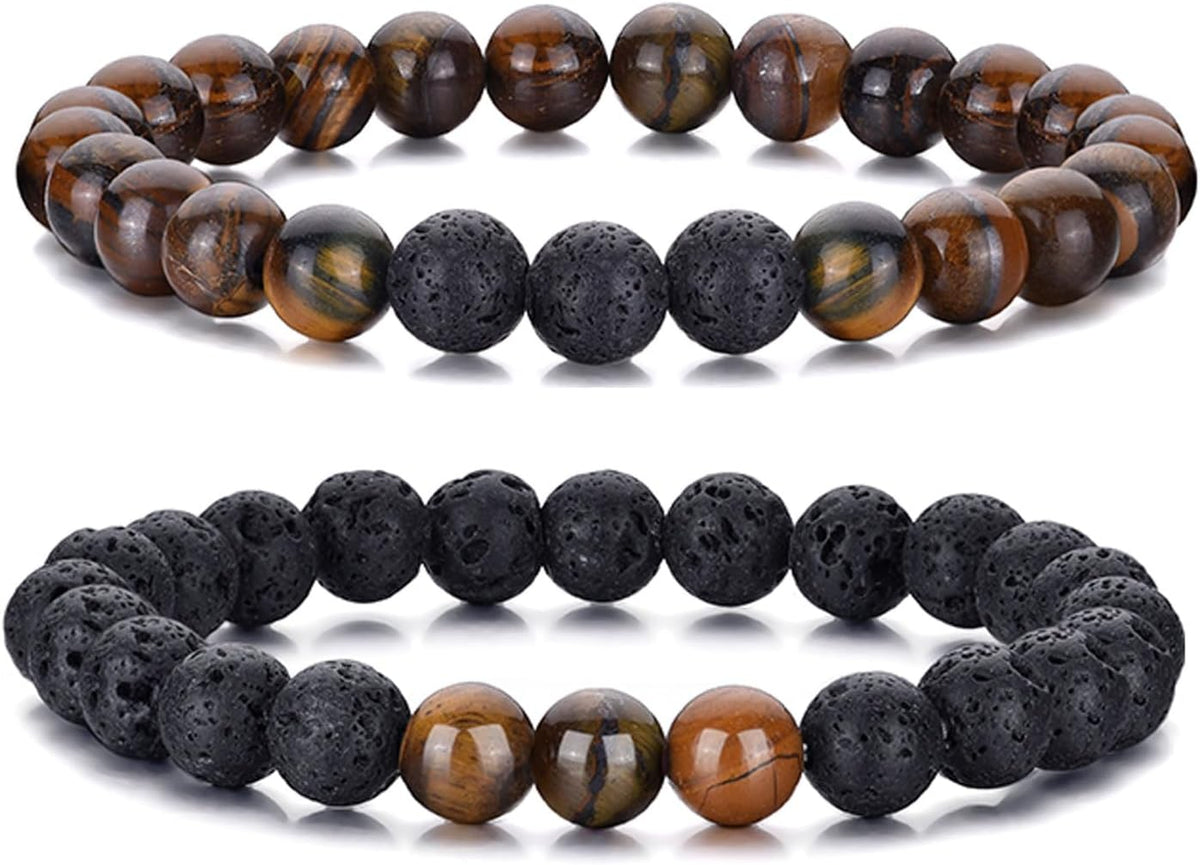Tiger Eye Bracelet For Men 8MM Natural Stone Stretch Adjustable Black Crystal Beaded Bracelet for Men Women Gifts