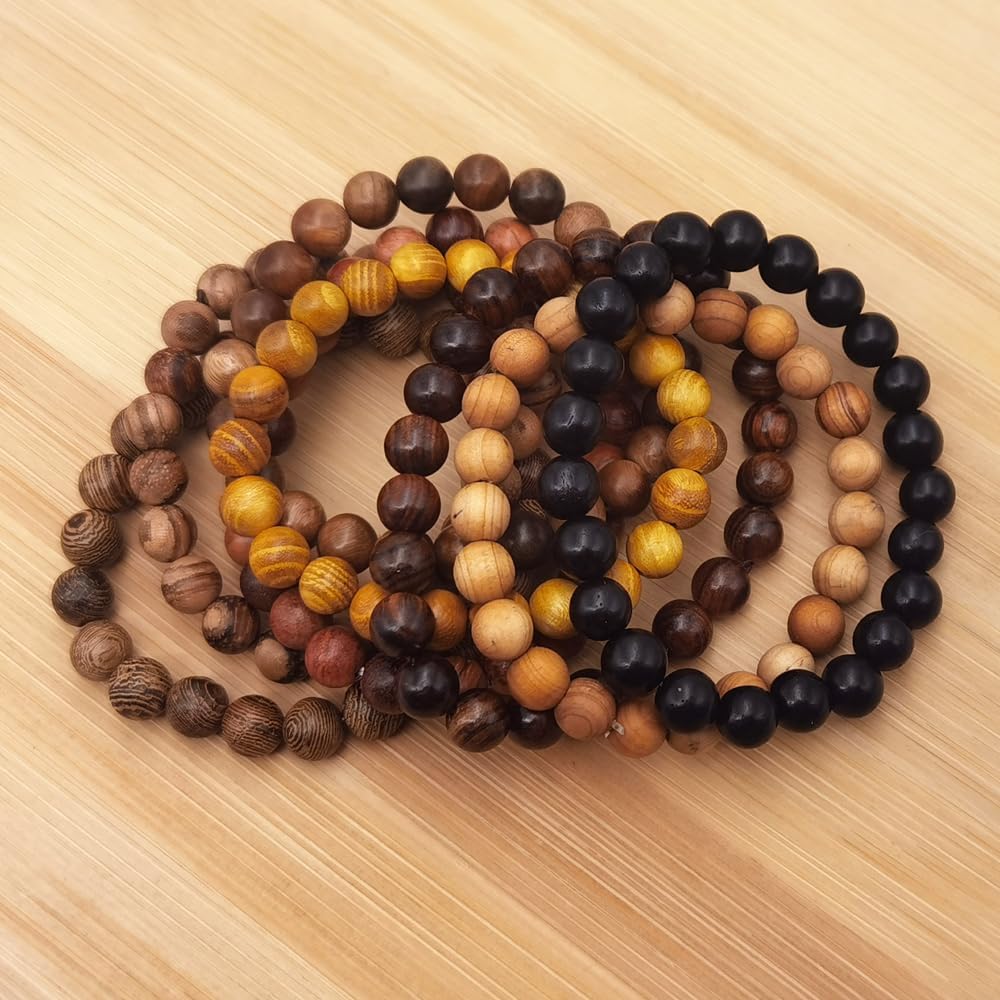 8 Pieces Natural Wood Elastic Beaded Bracelet for Men and Women