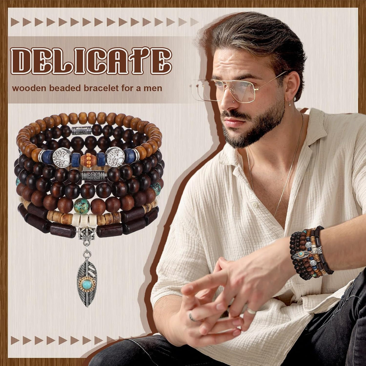 48 Pcs Punk Wooden Beads Bracelets, Gothic Bracelet for Men