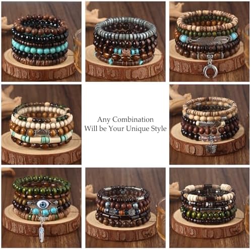 41/44 PCS Wooden Beaded Bracelets for Men, Larger Size Adjustable Punk Braided Wooden Bracelet, Bulk Wood Bangles Wristbands
