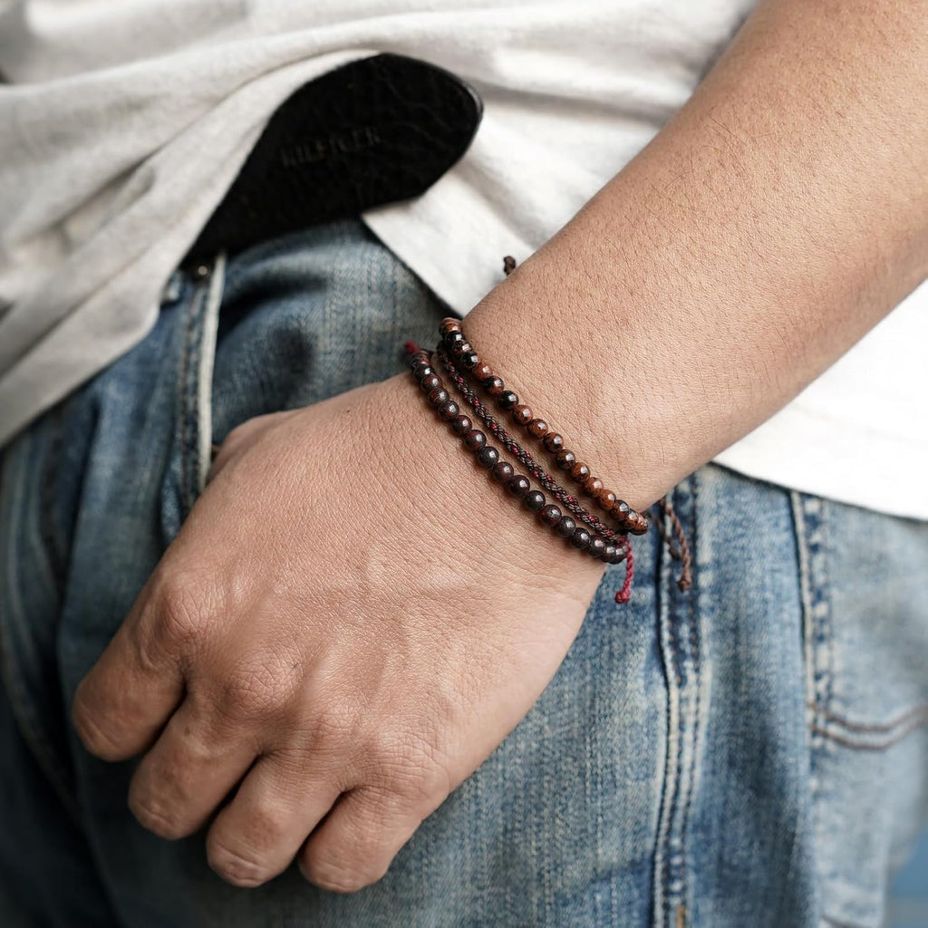 3 Pcs Handmade Natural Gemstone Beaded Bracelet, Adjustable Waterproof Rope Bracelet Set