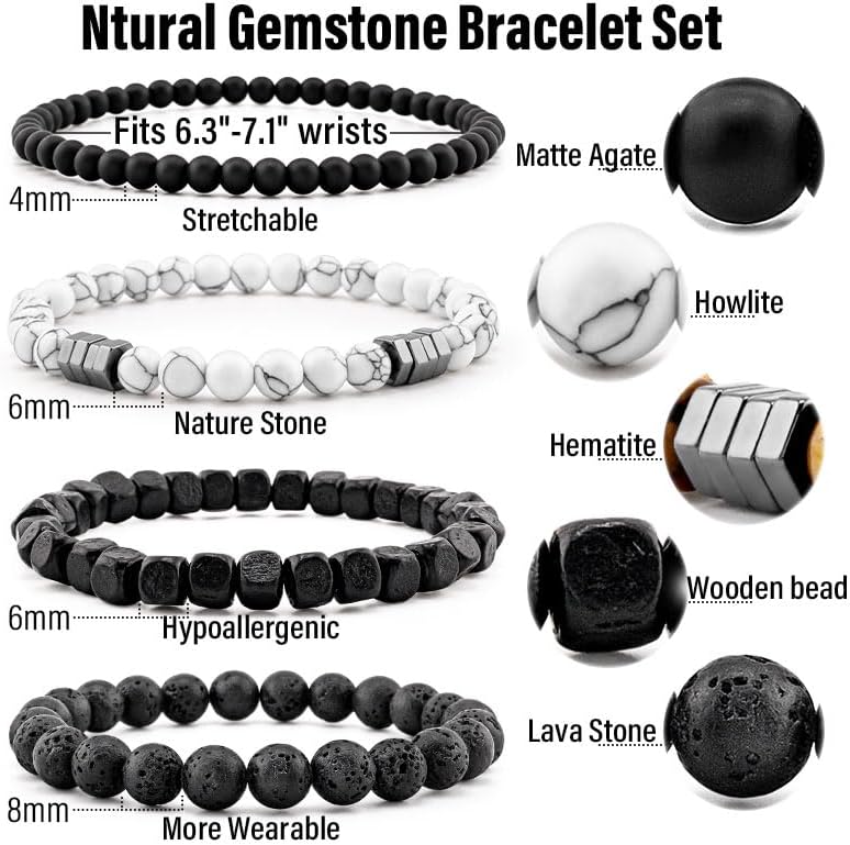 Men’s Hematite Bracelet Set Boho Multi - Tiger Eye/Matte Agate/Lava Rock Gifts for Birthday/Anniversary/Christmas