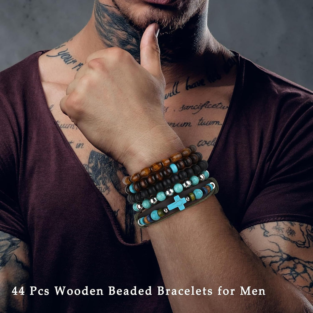 41/44 PCS Wooden Beaded Bracelets for Men, Larger Size Adjustable Punk Braided Wooden Bracelet, Bulk Wood Bangles Wristbands