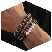 Men's Natural Stone Beaded Bracelet Set, 4 Pcs Stretch Stacking Bracelets with Lava Rock, Onyx, Tiger Eye, Howlite Beads