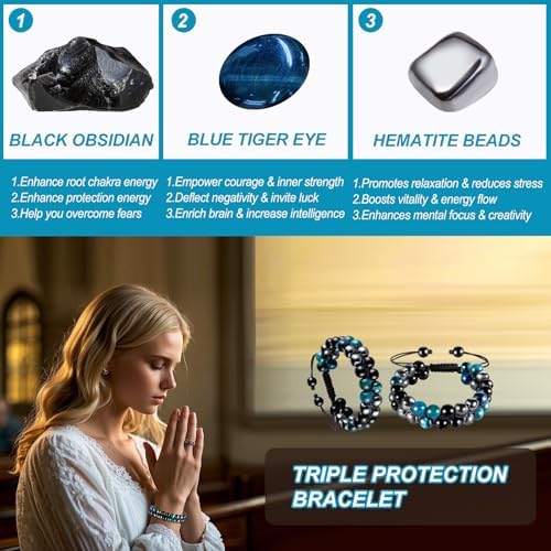 Tiger Eye Bracelets for Men Women, Triple Protection Bracelet