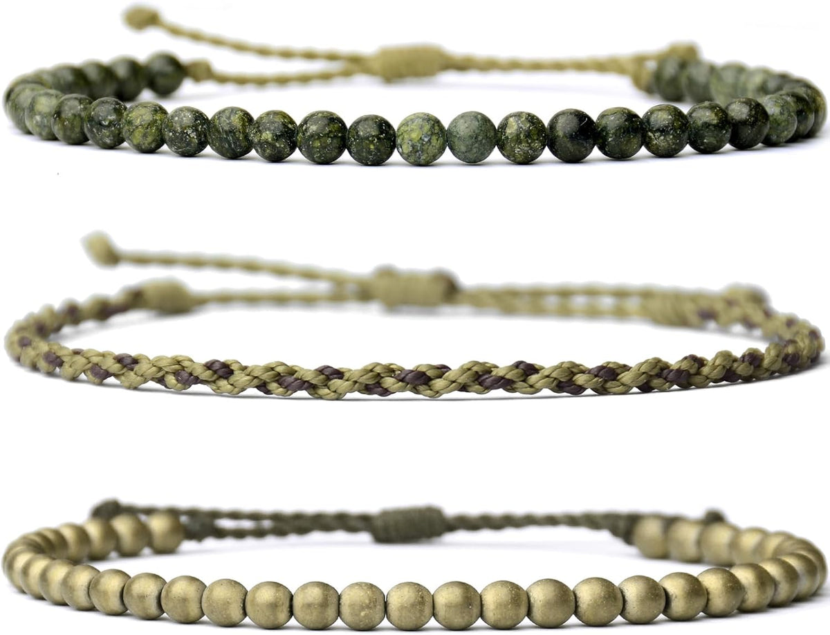 3 Pcs Handmade Natural Gemstone Beaded Bracelet, Adjustable Waterproof Rope Bracelet Set